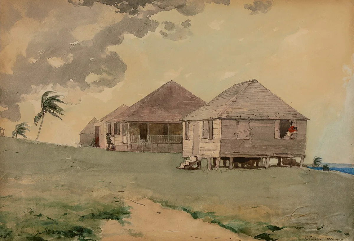 Aquarell von Palmen im Sturm unter grauem Himmel am Meer, Winslow Homer, 1885
