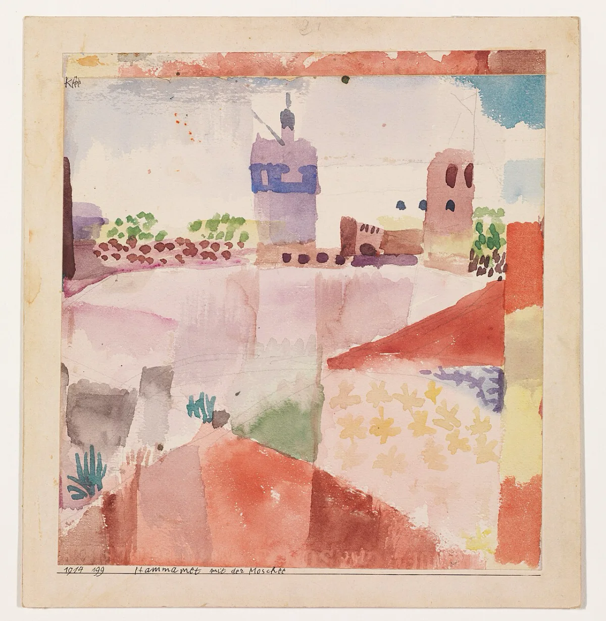 Aquarell aus farbigen Flächen mit einer Moschee und Gärten, Paul Klee, 1914