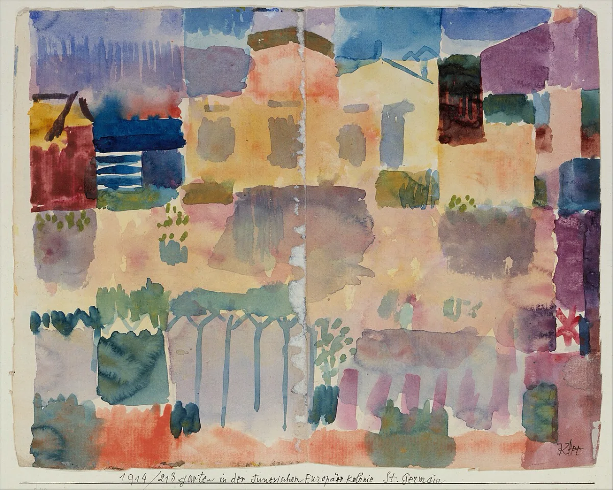 Aquarell eines Gartens aus farbigen Rechtecken und Bäumen, Paul Klee, 1914