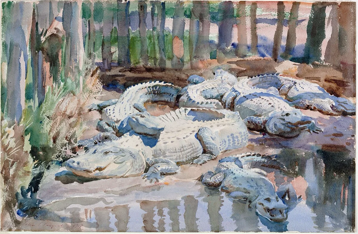Aquarell mehrerer Alligatoren im schlammigen Wasser, John Singer Sargent, 1917