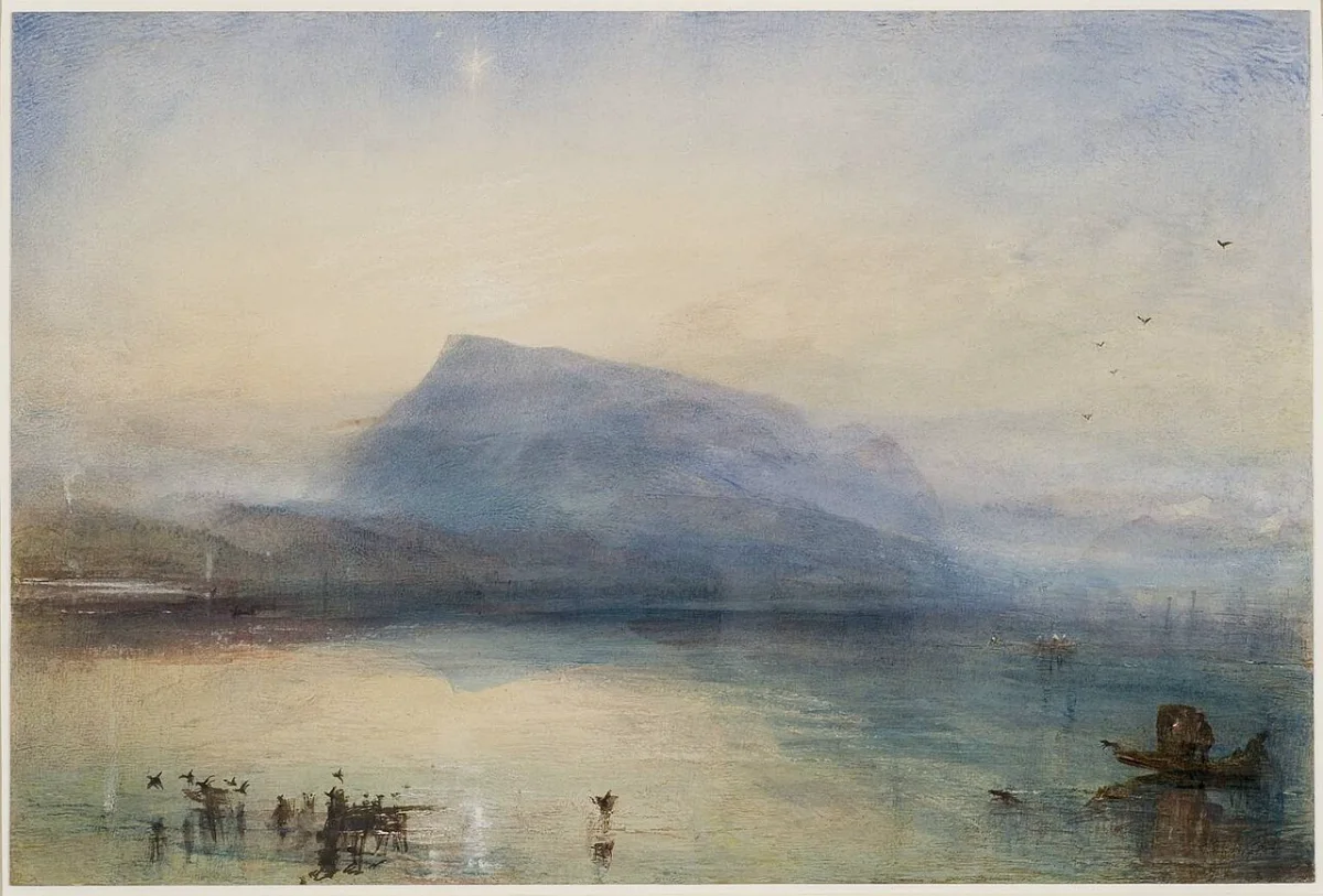 Aquarell eines Bergs über einem See im blauen Morgenlicht, William Turner, 1842