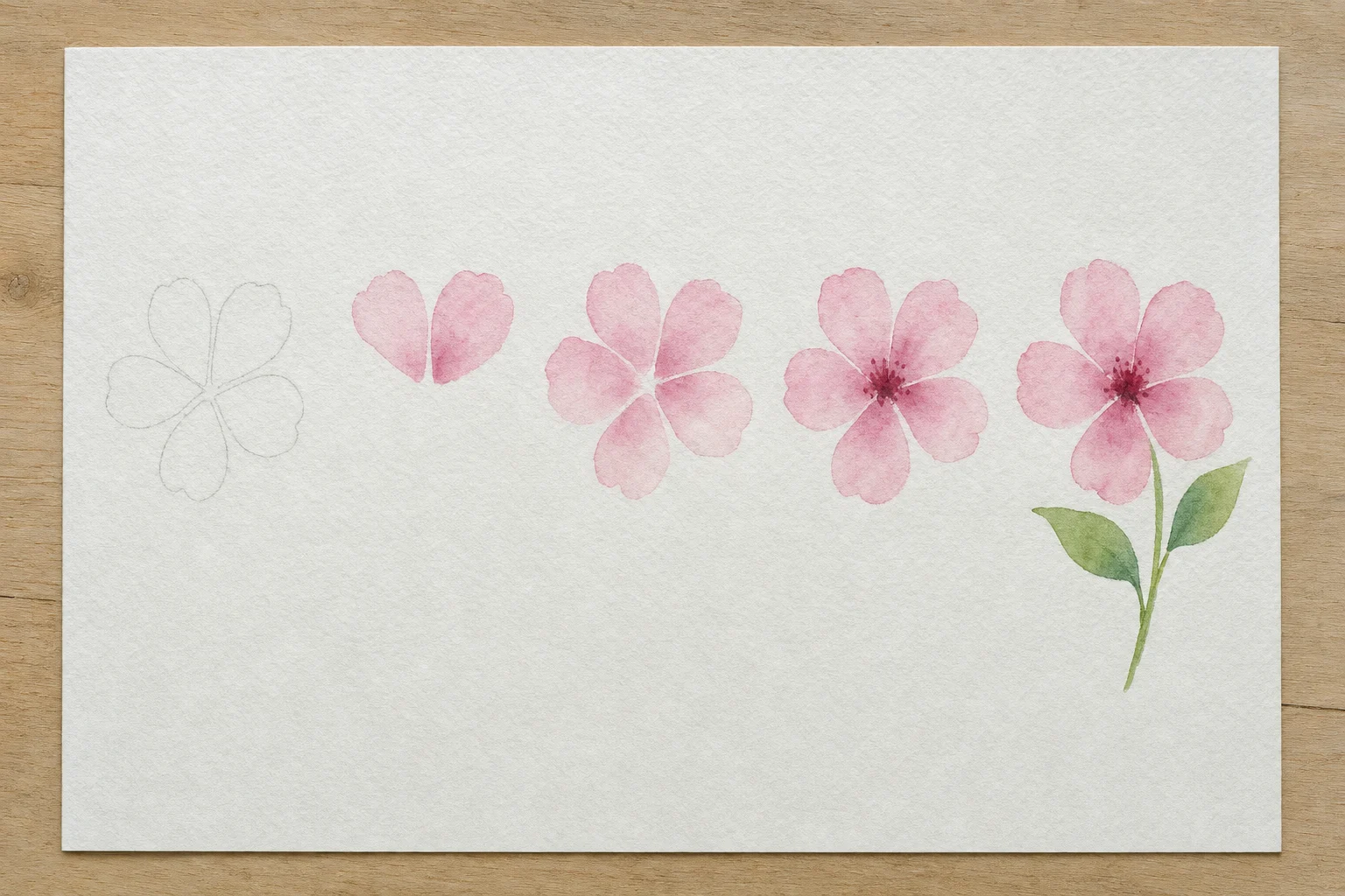 Lockere Blüte aus fünf Pinselstrichen: alle 5 Schritte nebeneinander auf einem Blatt