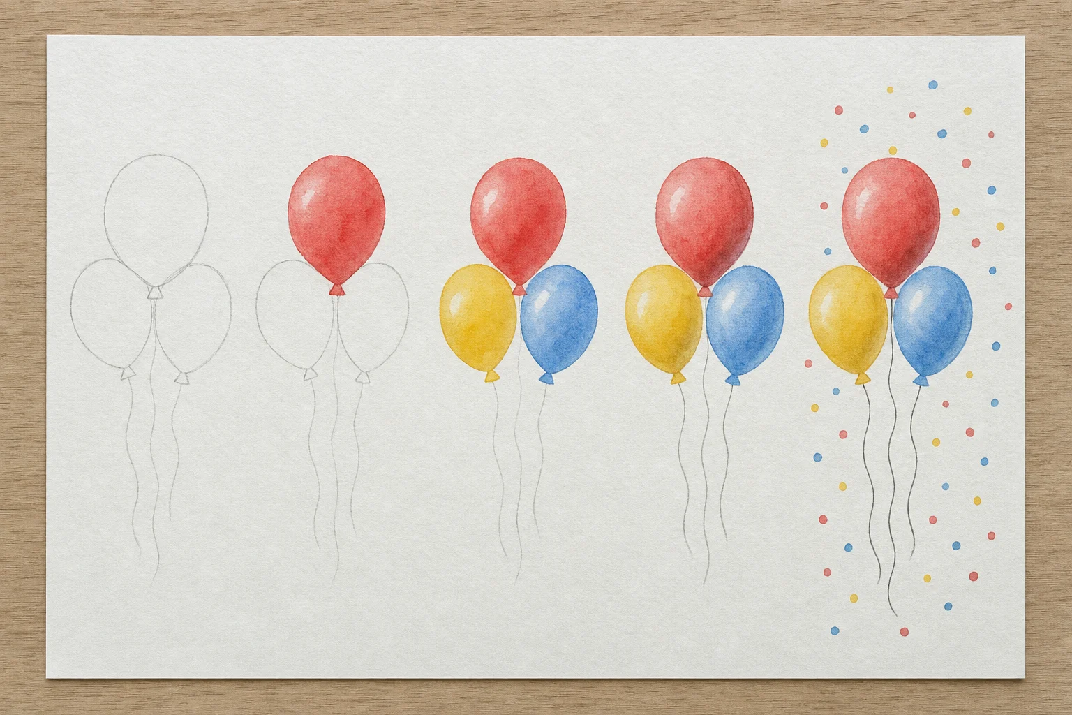 Karte mit drei Luftballons: alle 5 Schritte nebeneinander auf einem Blatt