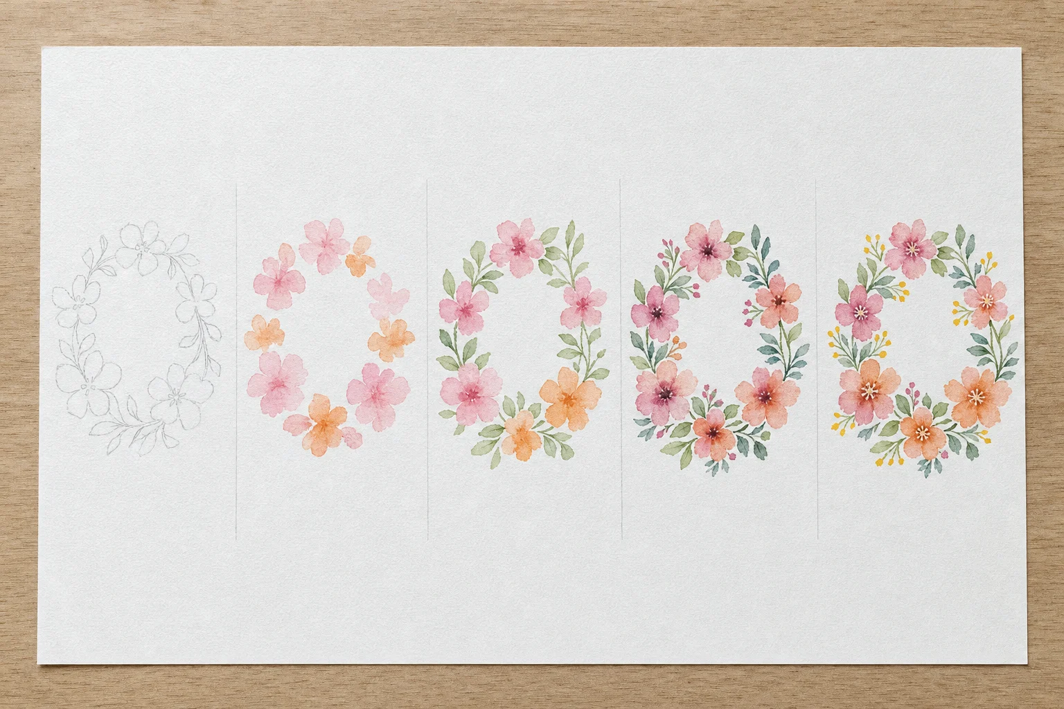 Karte mit Blumenkranz: alle 5 Schritte nebeneinander auf einem Blatt