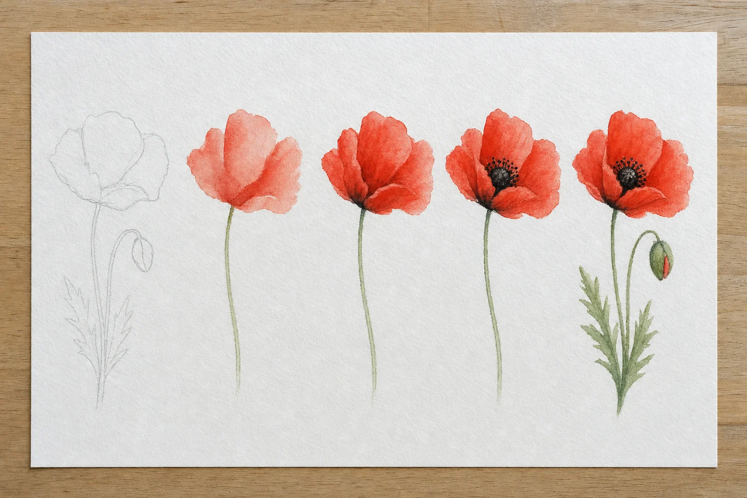 Mohnblume: alle 5 Schritte nebeneinander auf einem Blatt