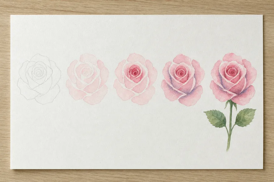 Einfache Rose: alle 5 Schritte nebeneinander auf einem Blatt