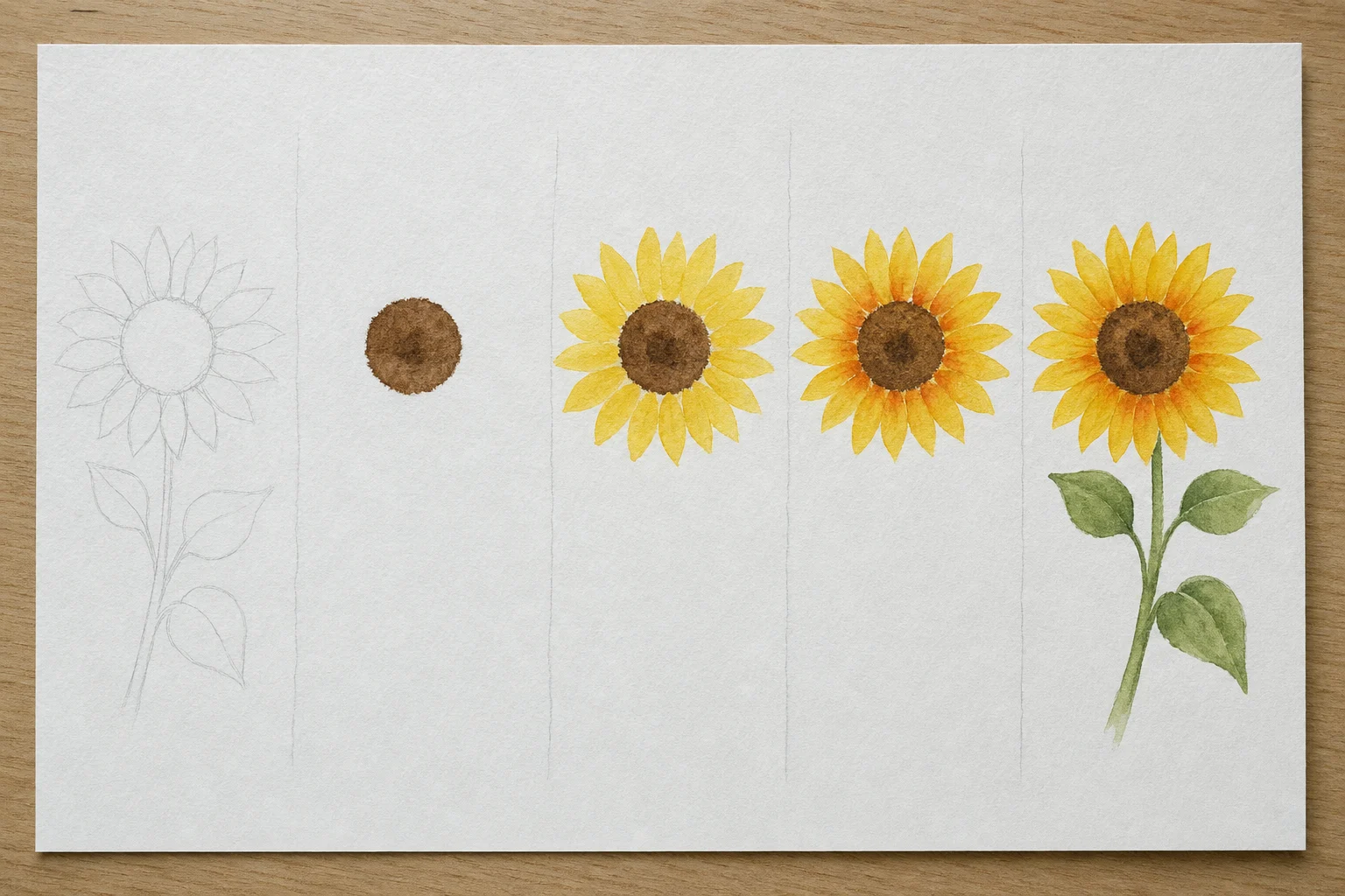 Sonnenblume: alle 5 Schritte nebeneinander auf einem Blatt