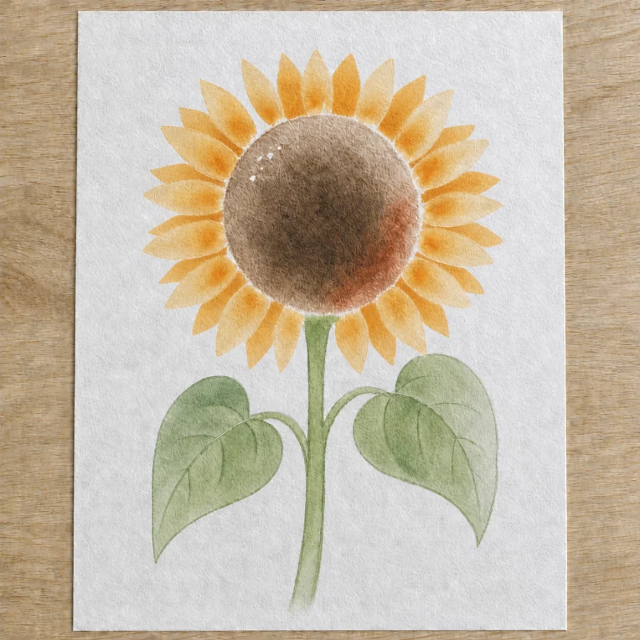 Aquarell einer Sonnenblume mit dunkler Mitte und zwei Blättern