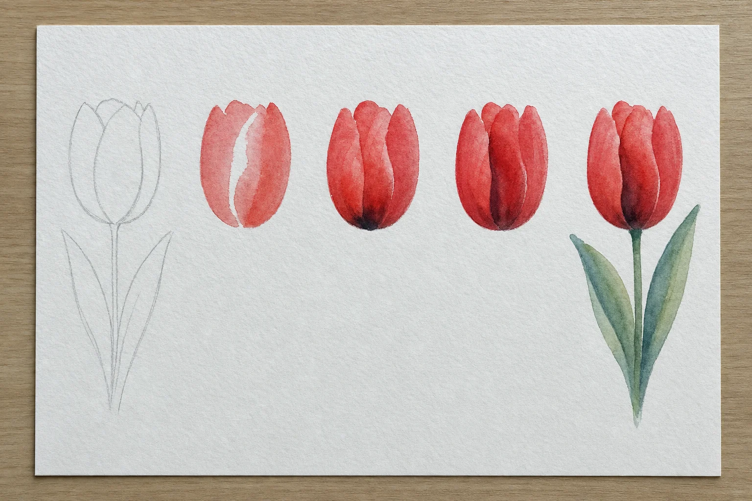 Einfache Tulpe: alle 5 Schritte nebeneinander auf einem Blatt