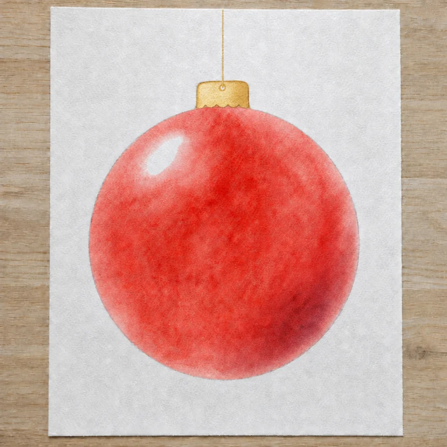 Aquarell einer roten Weihnachtskugel mit goldener Kappe
