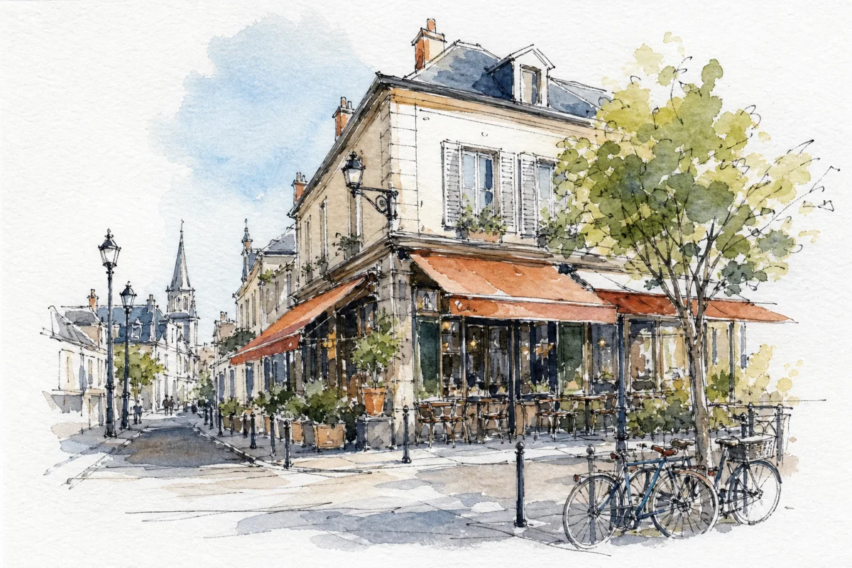 Aquarell einer Straßenecke mit Café, Fahrrädern und Baum